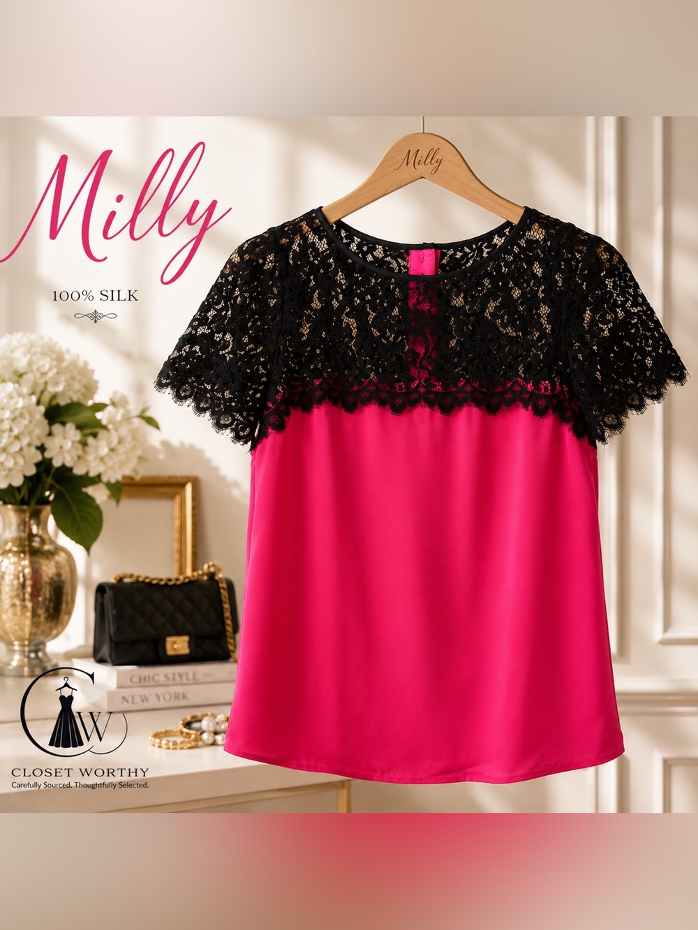 Milly of New York Fuchsia Silk & Black Lace Top | Size 8 | NWT